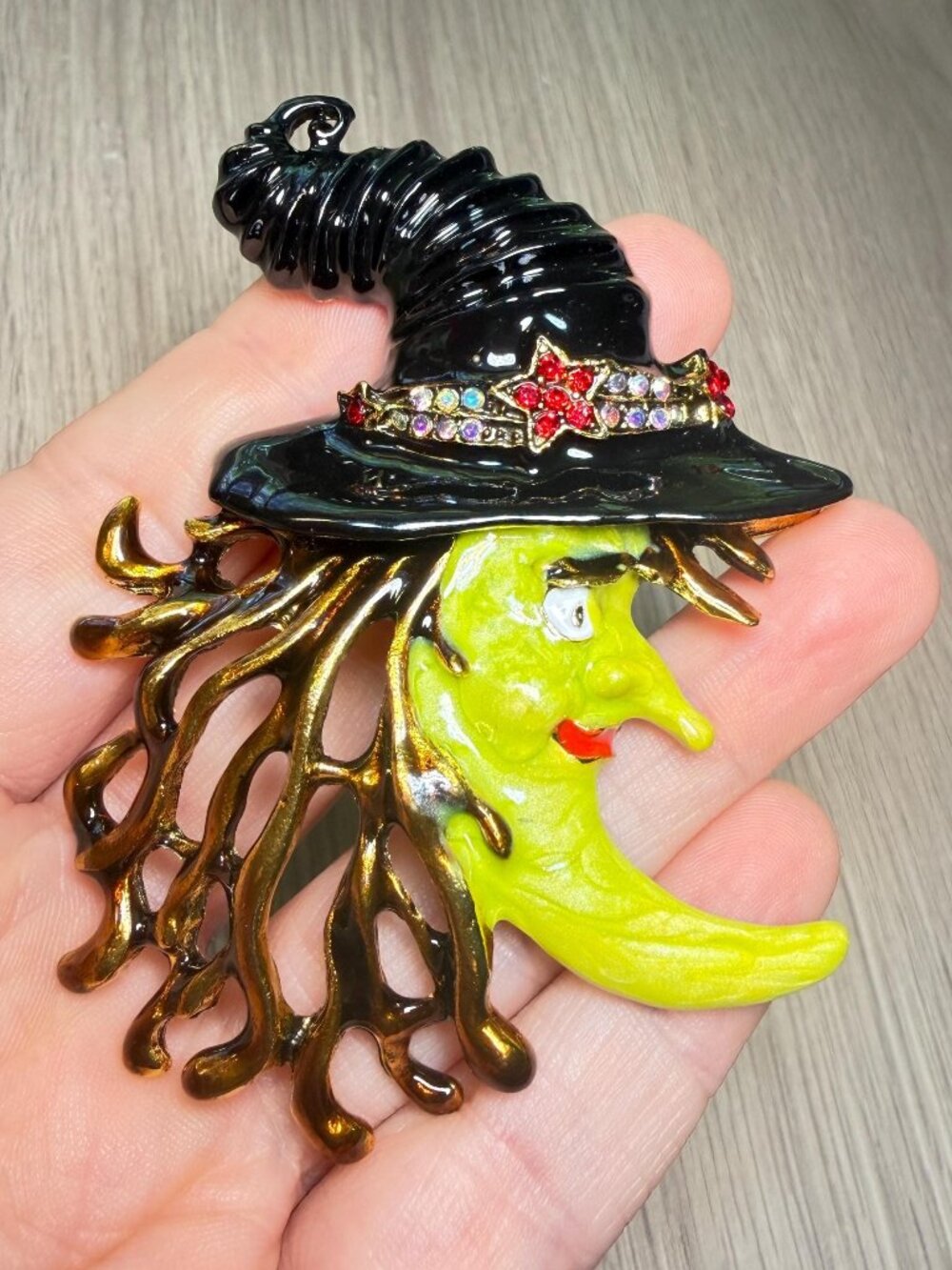 Kirk's Folly Vintage Witch Moon Brooch Rhinestone Enamel Halloween Pin 3.25”